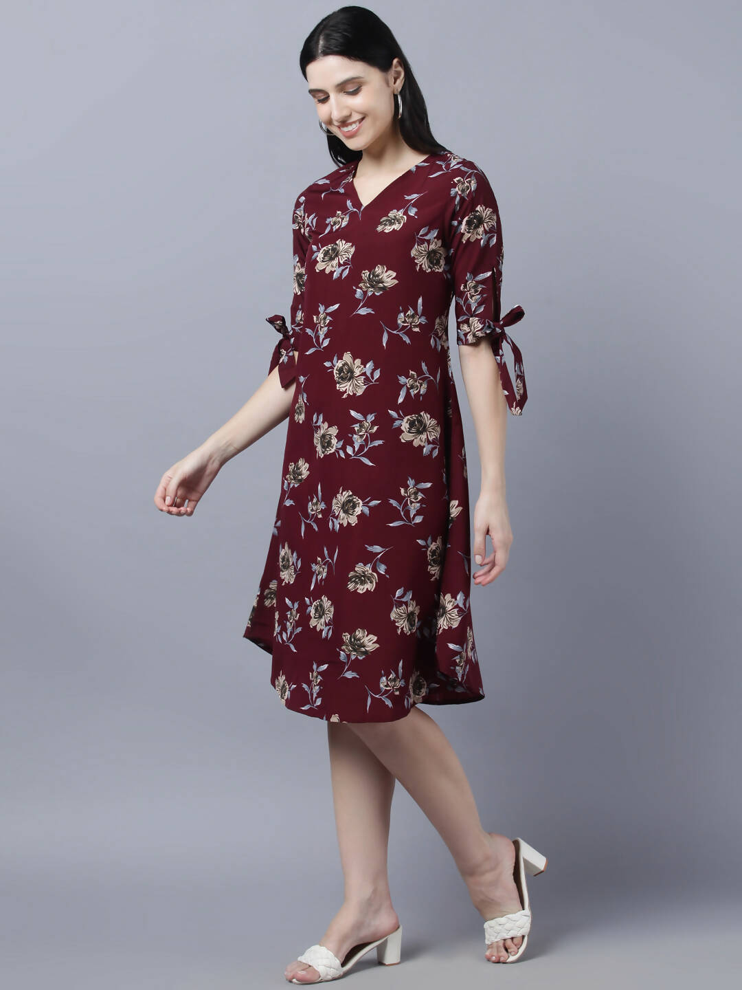 Myshka Women Burgundy Beige Floral Print A-line Dress - Distacart