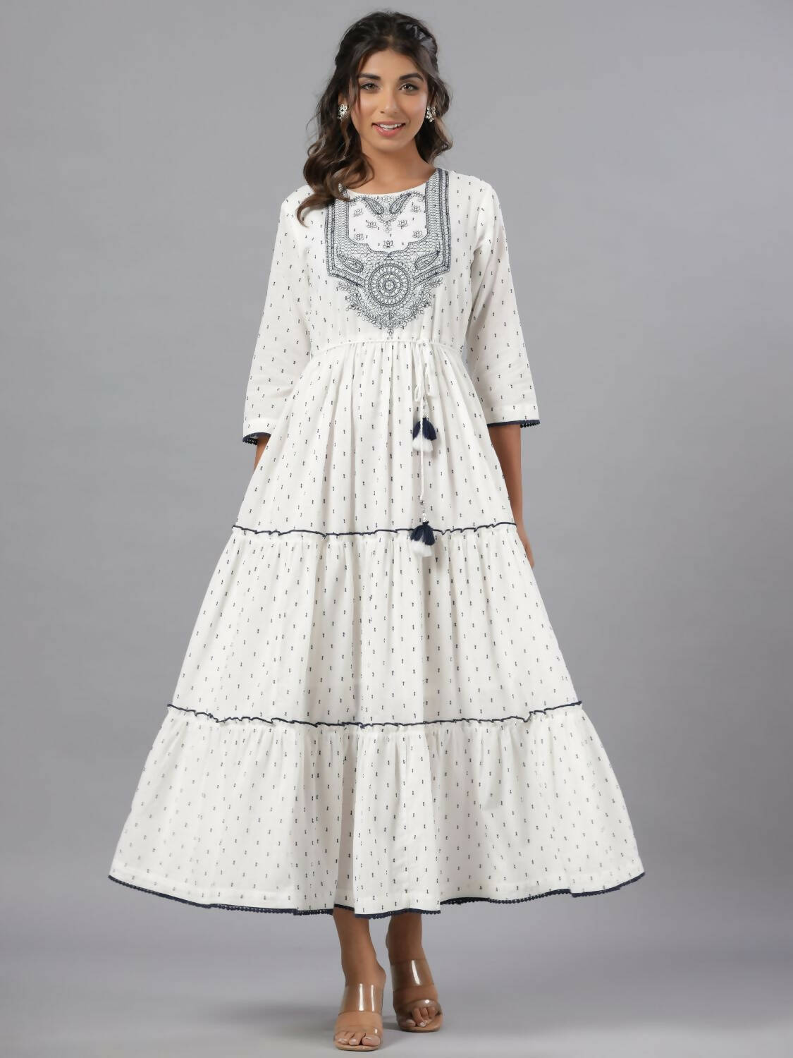 Juniper Women Off-White Cotton Dobby Embroidered Tiered Maxi Dress - Distacart