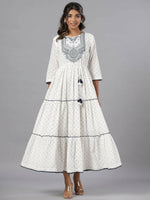 Thumbnail for Juniper Women Off-White Cotton Dobby Embroidered Tiered Maxi Dress - Distacart