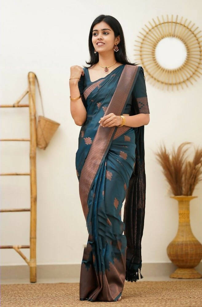 DEIANA'S Beautiful Golden Jari with New Design Soft Lichi Silk Saree - Teal - Distacart