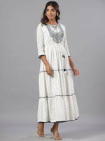 Thumbnail for Juniper Women Off-White Cotton Dobby Embroidered Tiered Maxi Dress - Distacart