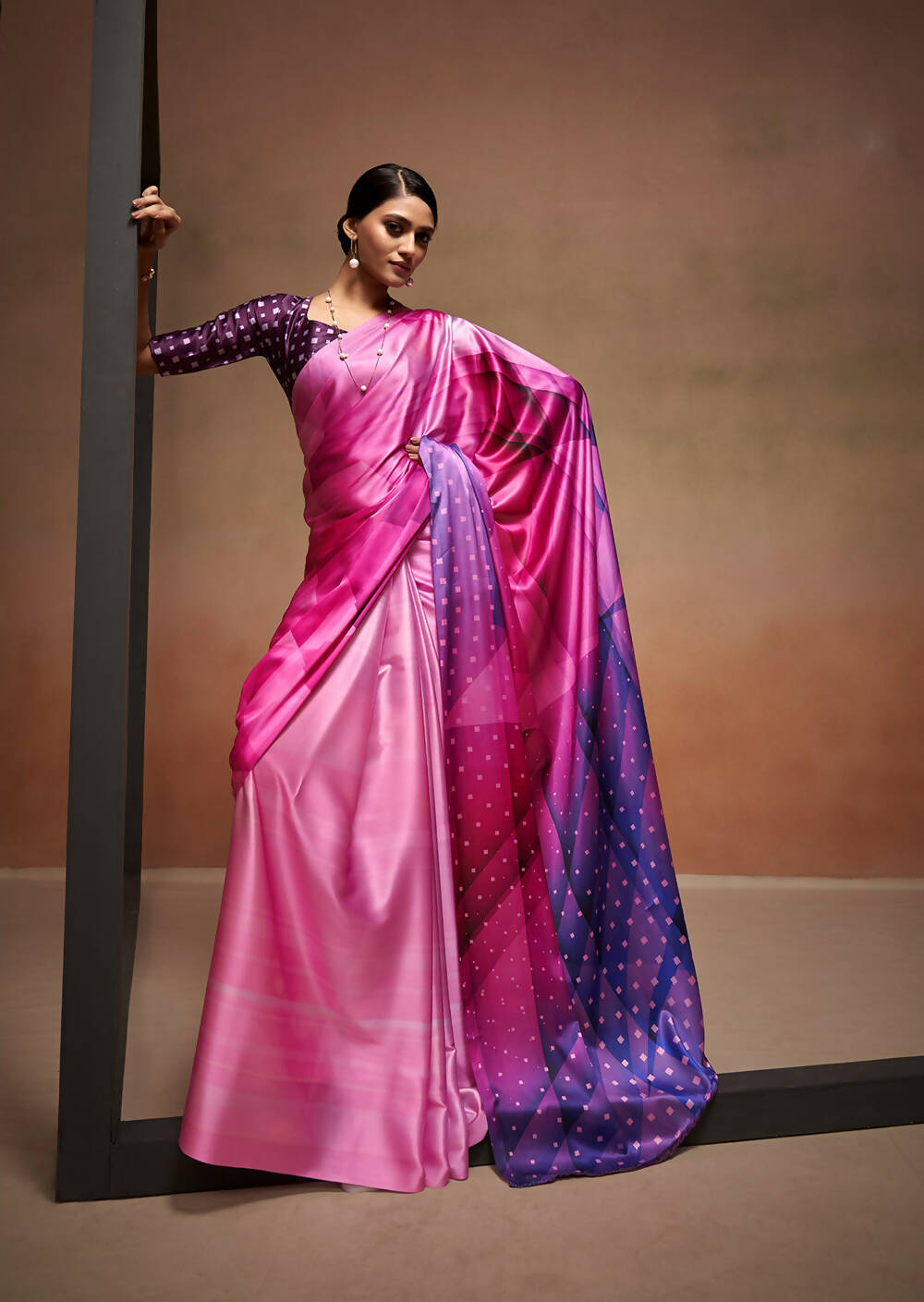 Pink Satin Digital Printed Saree with Unstitched Blouse Piece - Jodha - Distacart