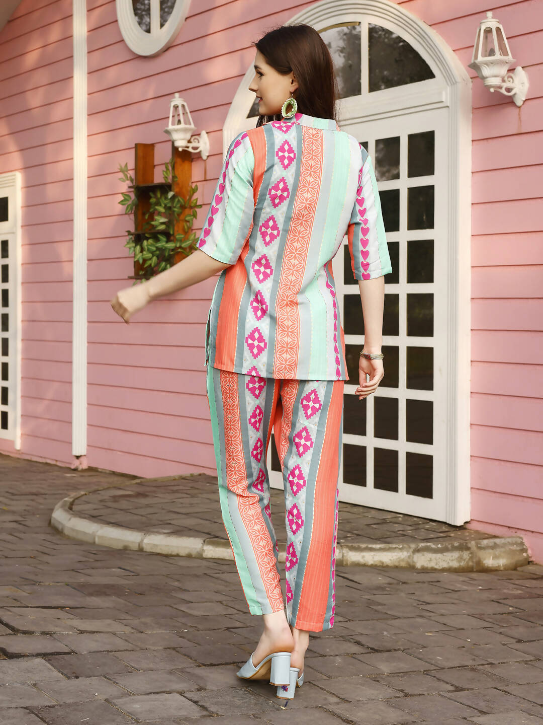 Orange & Blue Rayon Geometric Printed Top with Matching Bottom - Eesha - Distacart