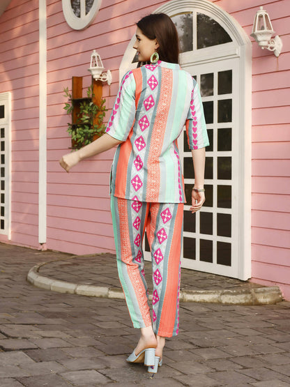 Orange & Blue Rayon Geometric Printed Top with Matching Bottom - Eesha - Distacart