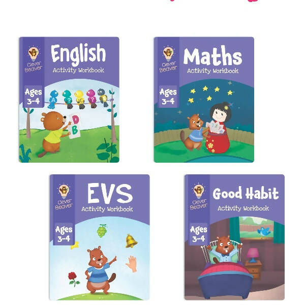 Jolly Kids Clever Beaver Ages 3-4 Years Fun Learning Workbooks Set of 4| Alphabets| Numbers| EVS| Good Habit| Workbooks for Kindergarten - Distacart