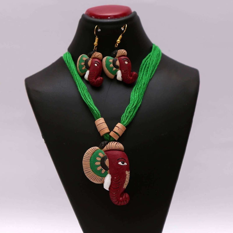Terracotta Jewelry Lord Ganesha Pendant with Earrings