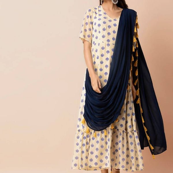 Indya Women White & Navy Blue Printed Maxi Dress With Attached Dupatta - Distacart