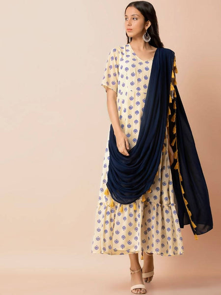 Indya Women White & Navy Blue Printed Maxi Dress With Attached Dupatta - Distacart