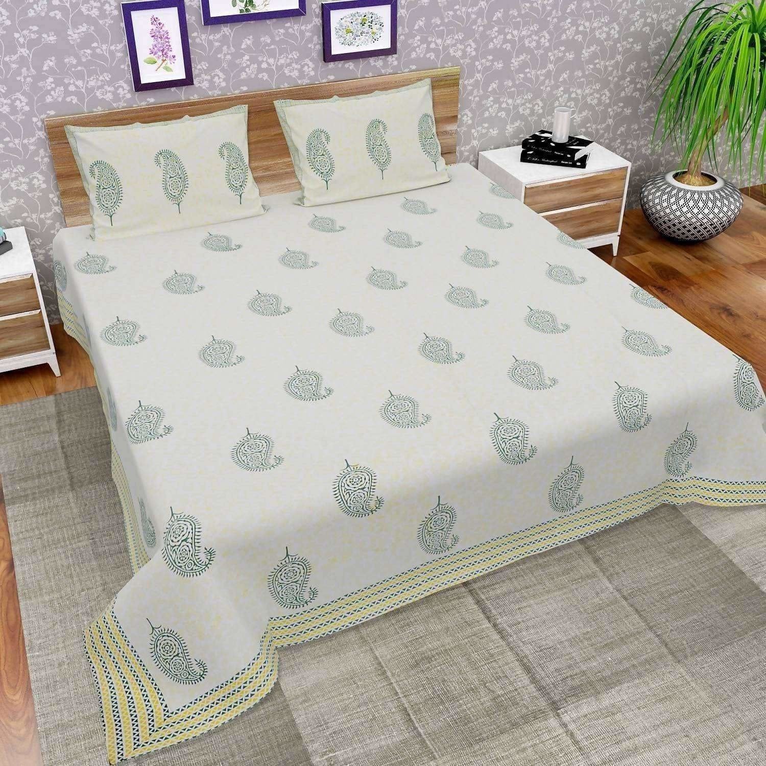 Hand Block Printed Double/Queen 230x270 Cms Bedsheet with 2 Pillow Covers - Distacart