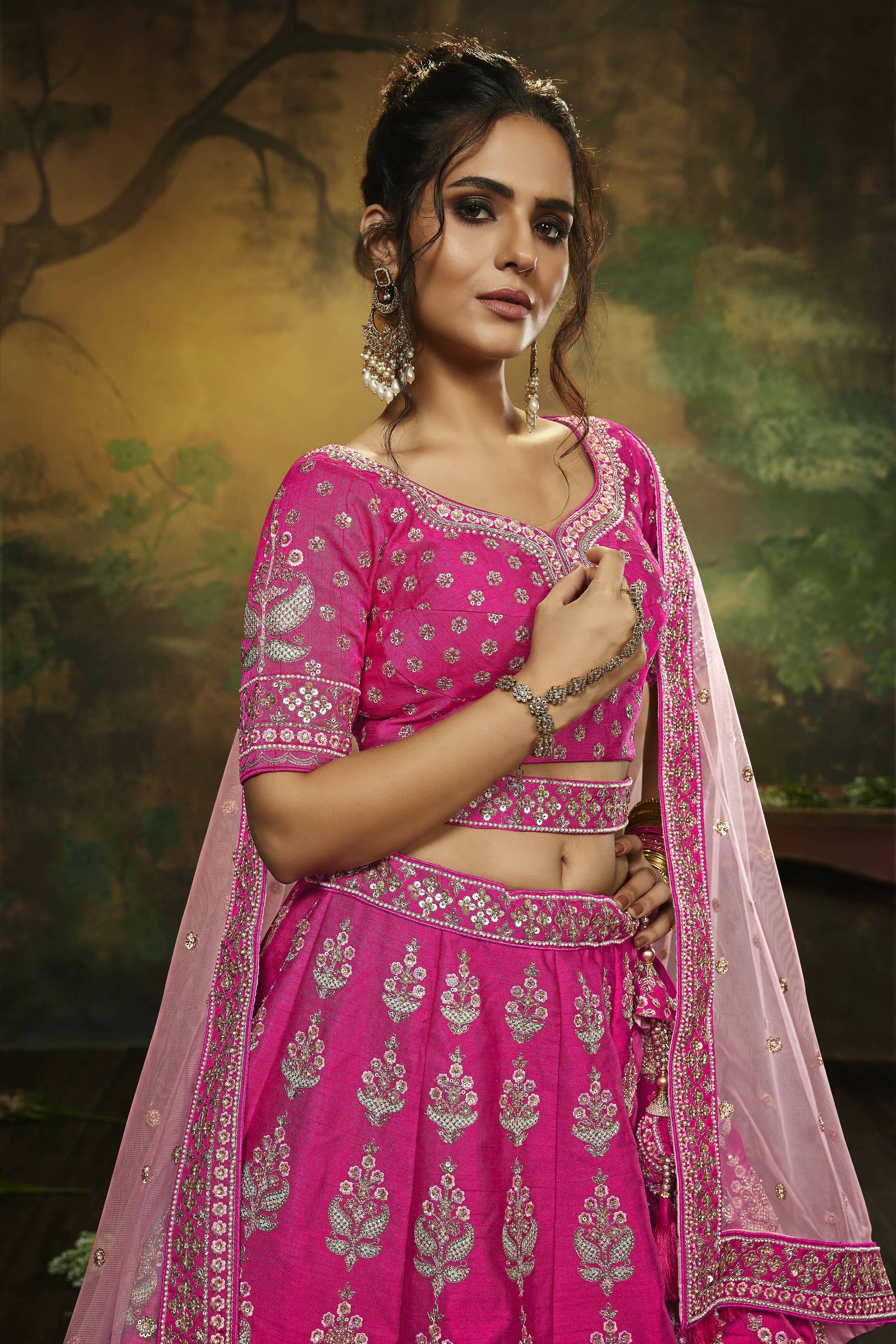 House of Panchhi Pink Pure Silk Moti & Zarkan heavy embroidery Lehenga choli & Dupatta - Distacart