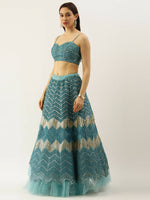 Thumbnail for House of Panchhi Women Sea Green Net Zig-Zag Embroideried Lehenga, Blouse & Dupatta - Distacart