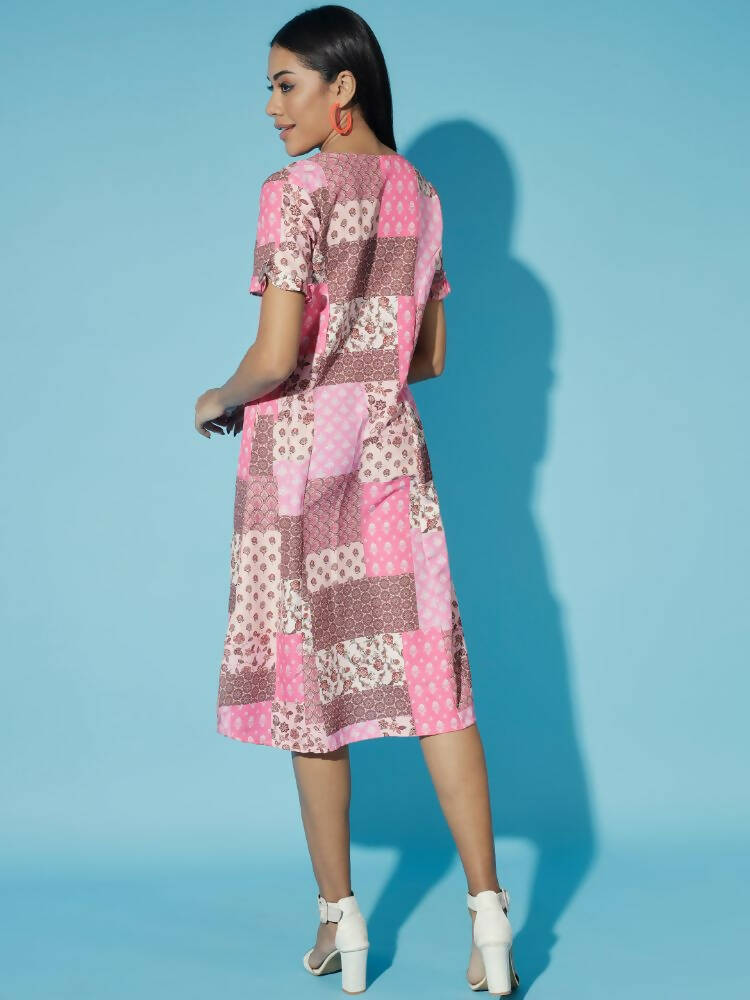 Myshka Women Multi Geometric Rayon A-Line V-Neck Dress - Distacart