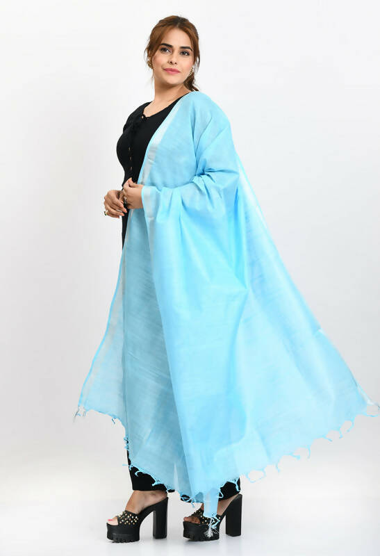 Mominos Fashion Moeza Women's Linen Cotton Silver Border Sky Blue Dupatta - Distacart