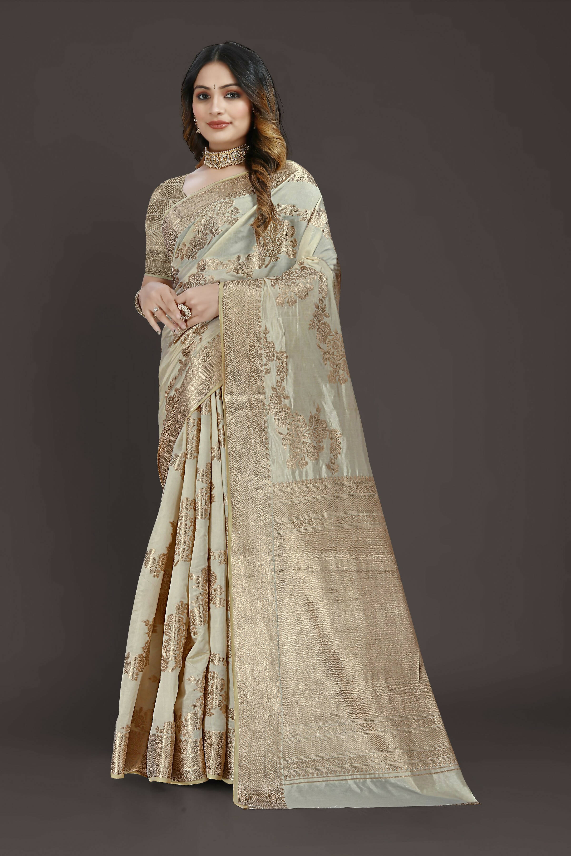 Off White Pure Raw Silk Zari Woven Saree with Unstitched Blouse Piece - Alisha - Distacart