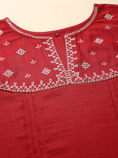 Red Chinon Floral Embroidered Top - Zeny - Distacart