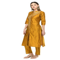 Thumbnail for Lagi Women's Mustard Poly silk Straight Embroidred Kurta & Pant (RO115C)
