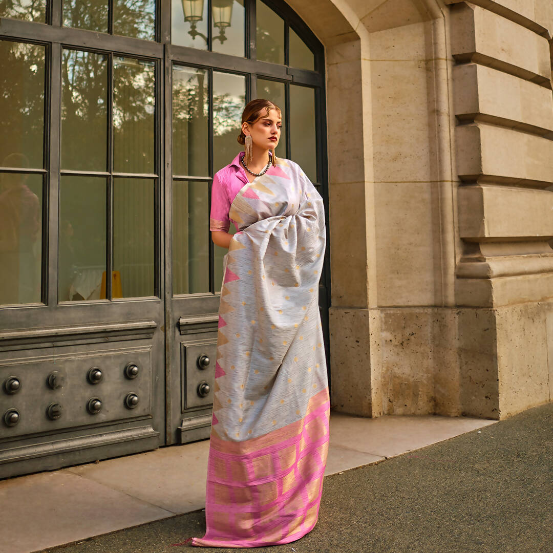 Coine Grey Handloom Khaddi Silk Saree With Contrast Pallu & Blouse - Rajtex Khwaab Silk - Distacart