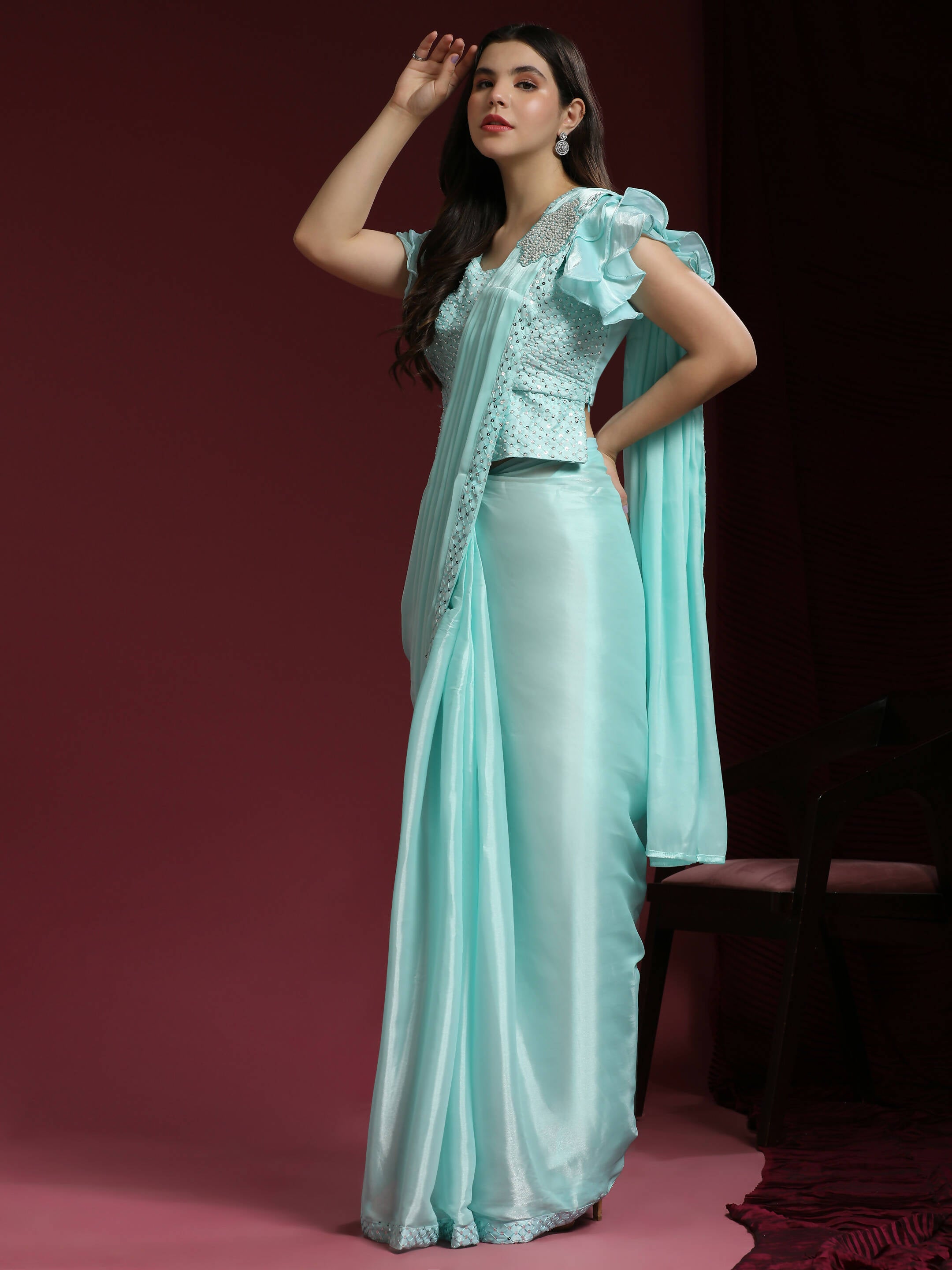 Light Blue Silk Satin Sequence Work Ready to Wear Saree with stitched Blouse - Nirvana - Distacart