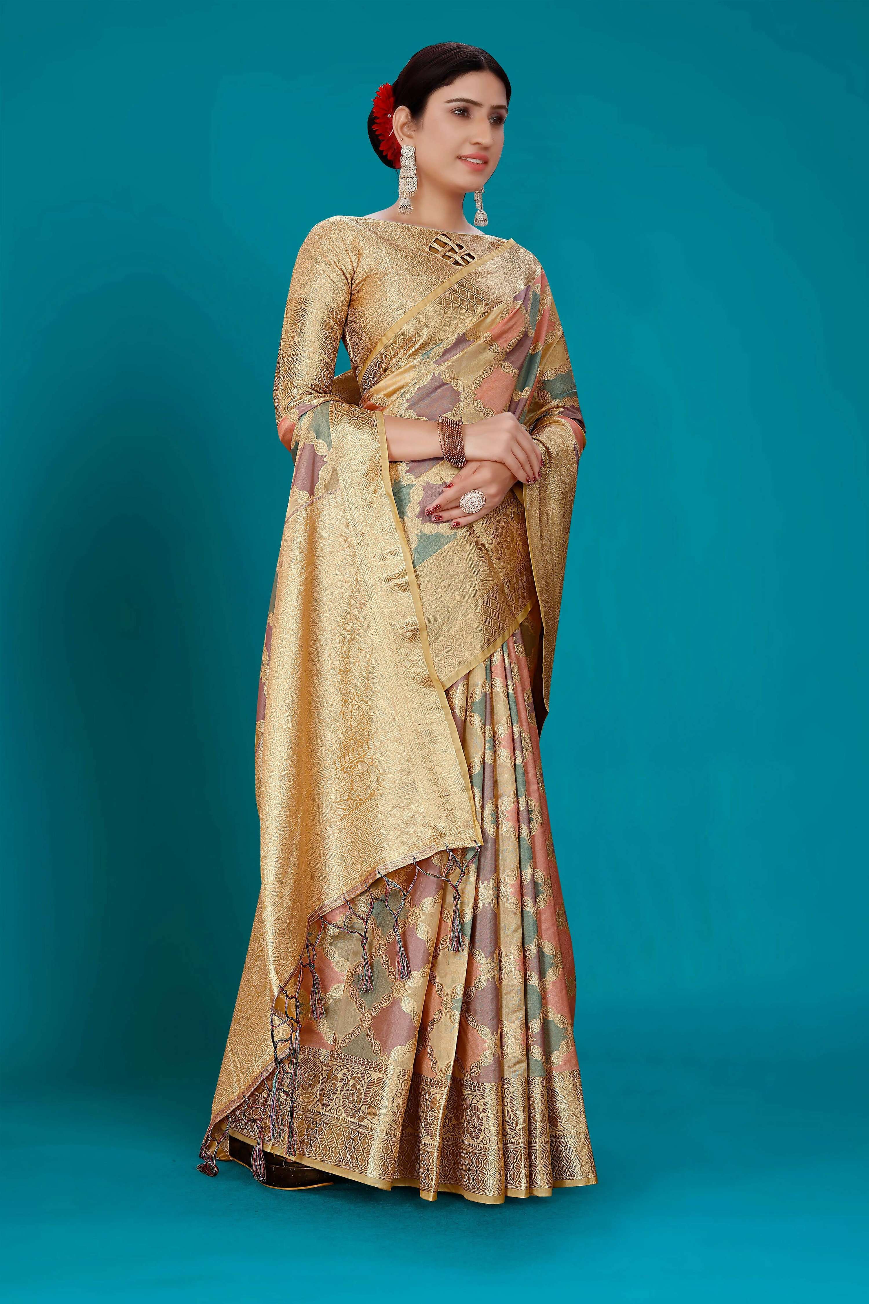 Beige Soft Organza Woven Design Saree with Unstitched Blouse Piece - Zaara - Distacart