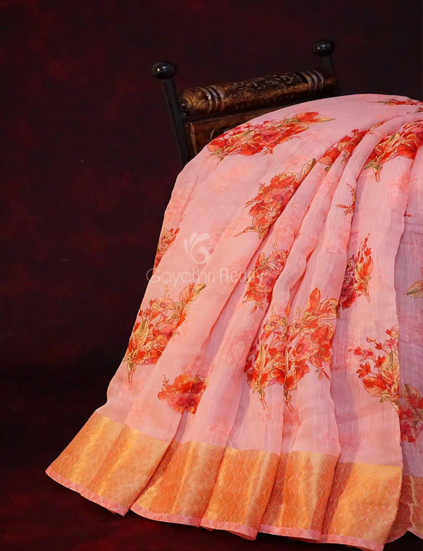 Baby Pink Colour Floral Print Semi Chanderi Saree By Gayathri Reddy Designer Studio - Distacart