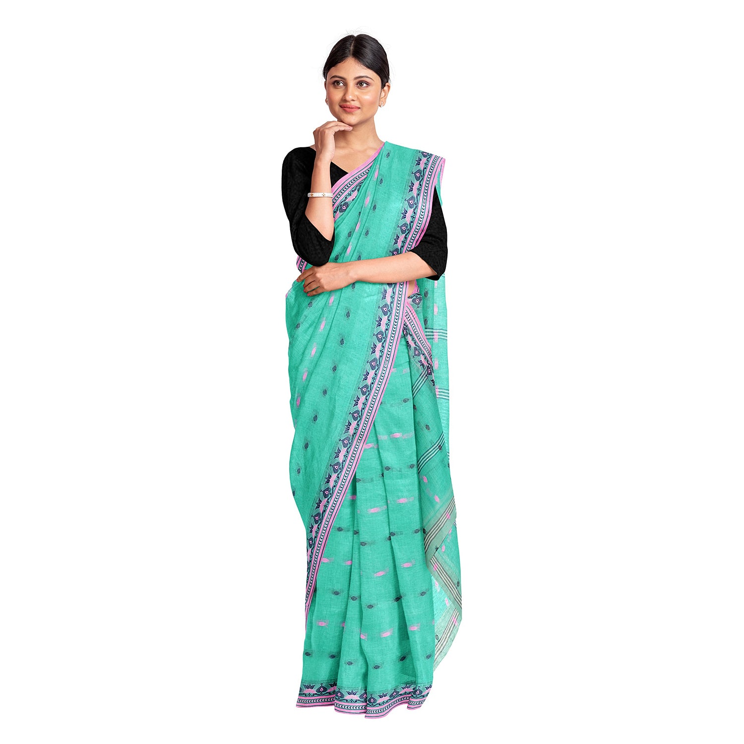 Exclusive Collection 100% Pure Cotton Green Tant Saree With Hand Weaving Work - Distacart
