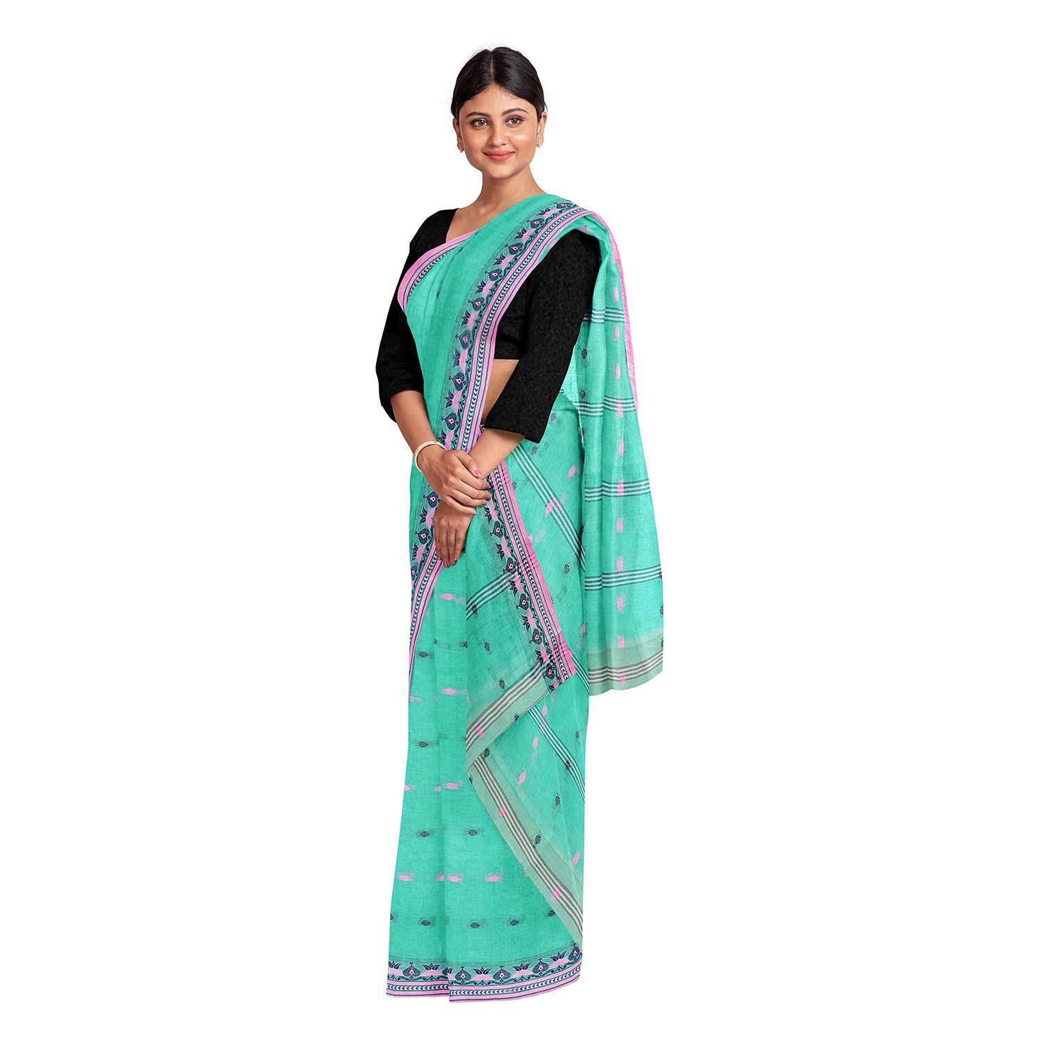 Exclusive Collection 100% Pure Cotton Green Tant Saree With Hand Weaving Work - Distacart