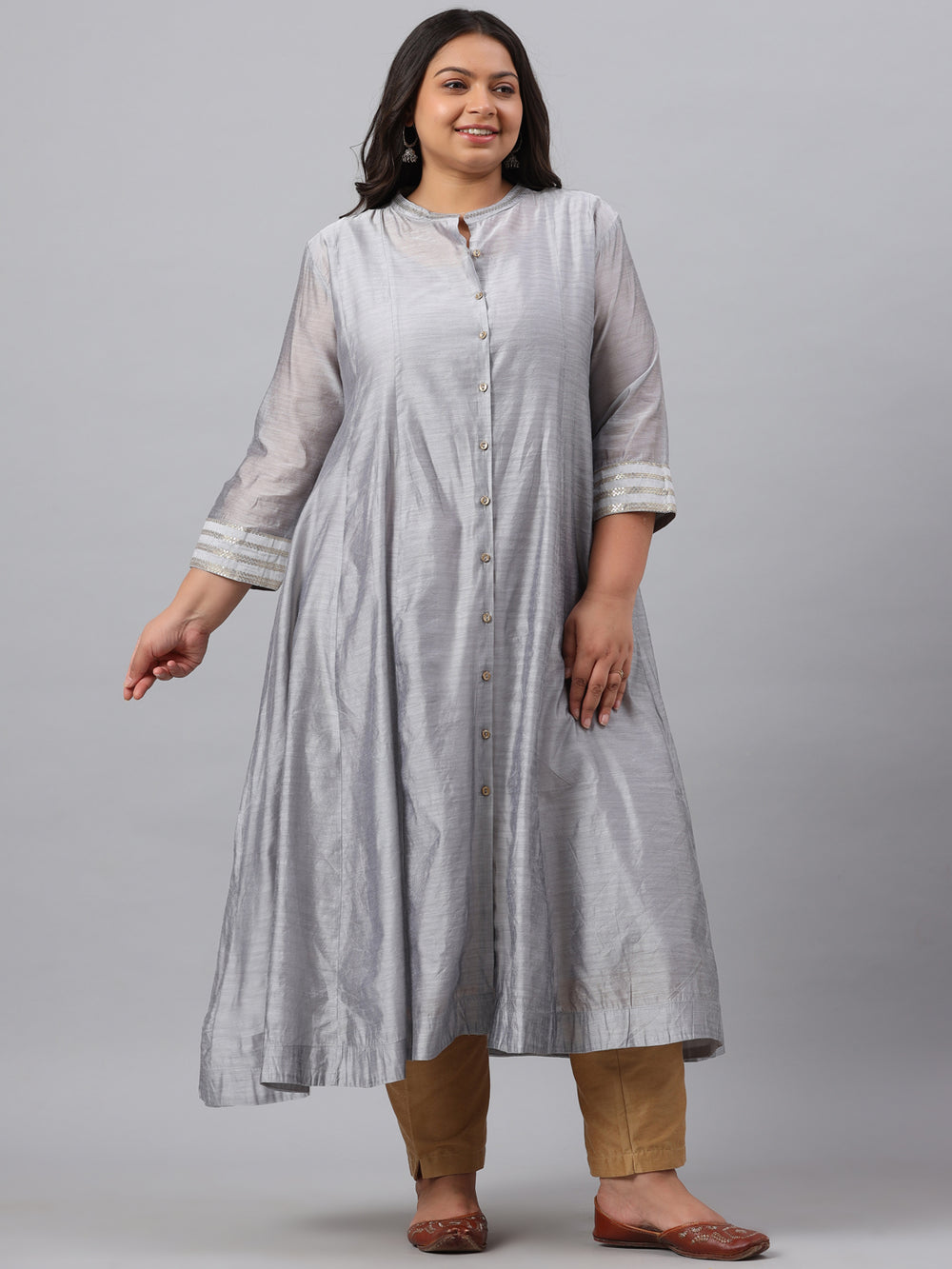 Juniper Women`s Grey Chanderi Silk Solid Anarkali Kurta with Inner - Distacart