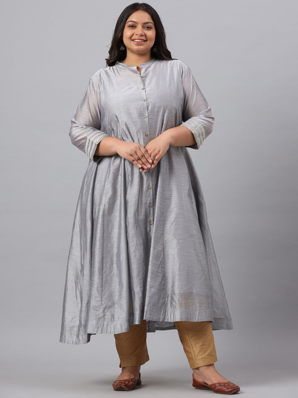 Juniper Women`s Grey Chanderi Silk Solid Anarkali Kurta with Inner - Distacart