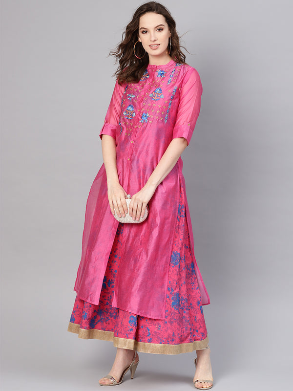 Juniper Women Fuchsia Chanderi Silk Embroidered & Printed Layered Dress - Distacart