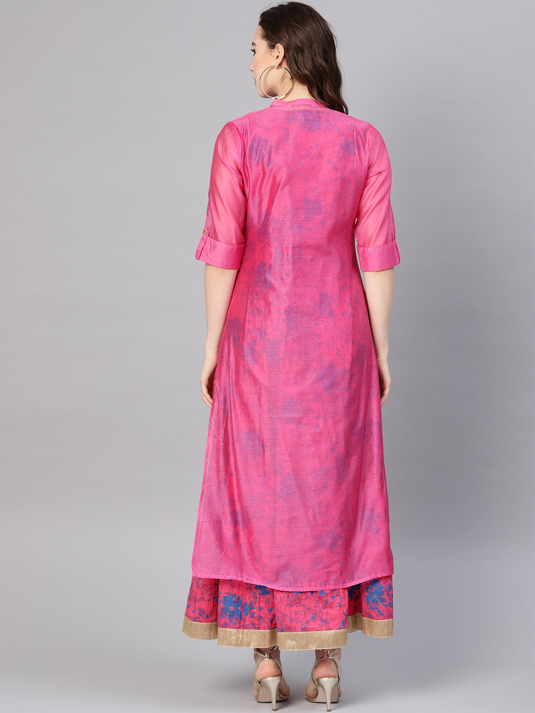 Juniper Women Fuchsia Chanderi Silk Embroidered & Printed Layered Dress - Distacart