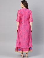 Thumbnail for Juniper Women Fuchsia Chanderi Silk Embroidered & Printed Layered Dress - Distacart