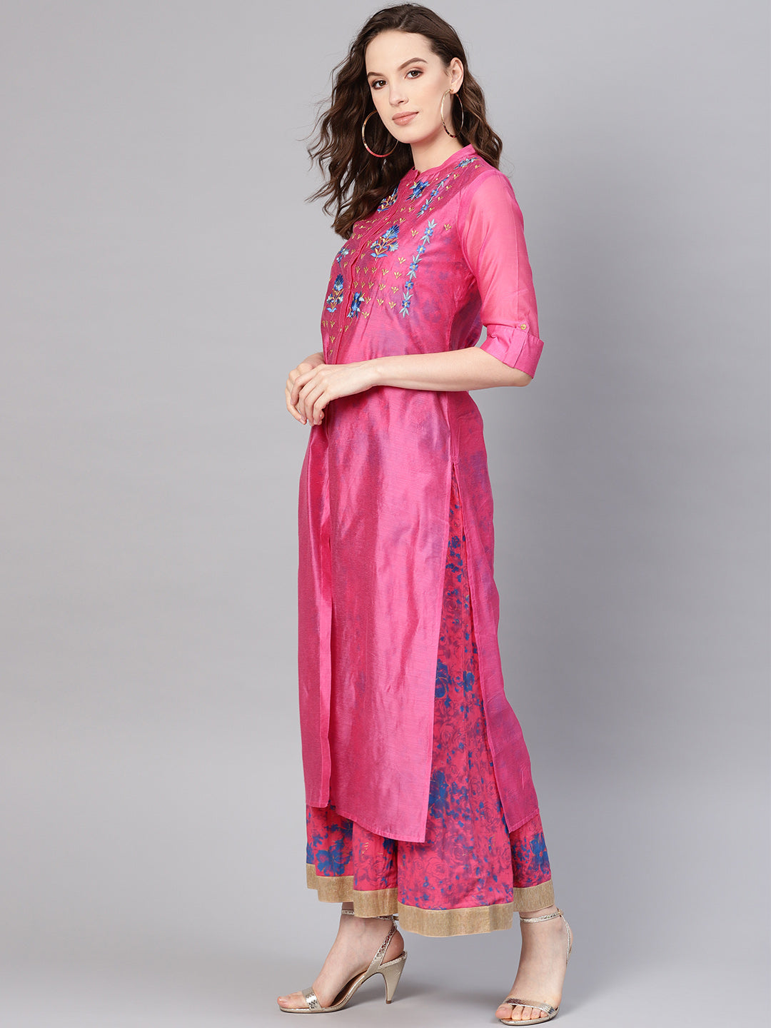 Juniper Women Fuchsia Chanderi Silk Embroidered & Printed Layered Dress - Distacart