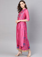Thumbnail for Juniper Women Fuchsia Chanderi Silk Embroidered & Printed Layered Dress - Distacart