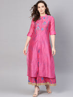 Thumbnail for Juniper Women Fuchsia Chanderi Silk Embroidered & Printed Layered Dress - Distacart