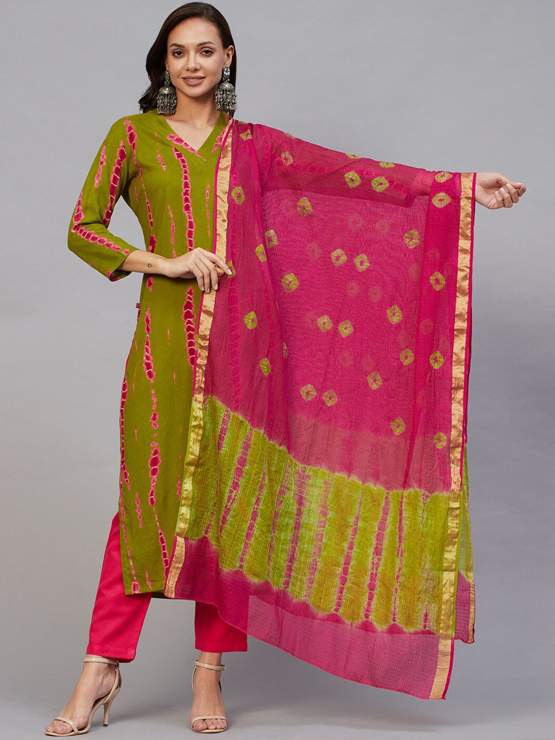 Kalini Printed V Neck Kurta With Trousers & Dupatta - Distacart
