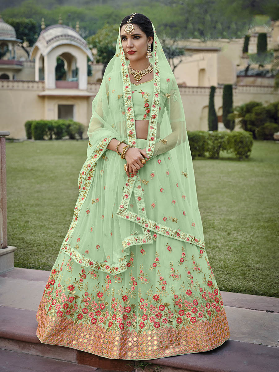 Myra Mint Green Net Heavy Embroidered Lehenga - Distacart