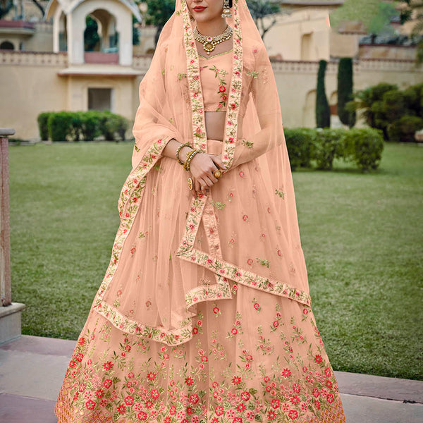 Myra Blush Net Heavy Embroidered Lehenga - Distacart