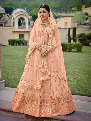 Myra Blush Net Heavy Embroidered Lehenga - Distacart