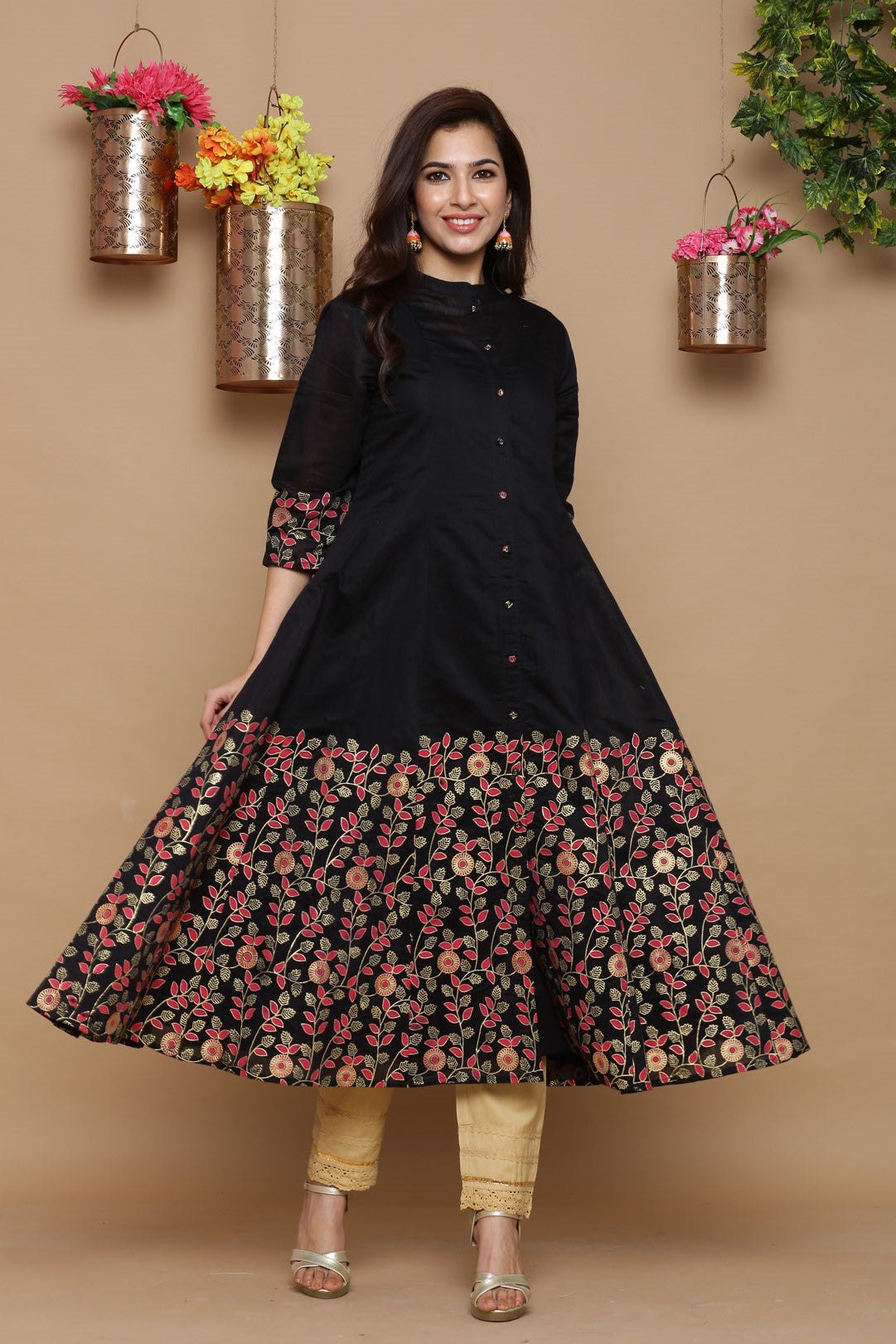 Juniper Women Black Chanderi Silk Printed Anarkali Kurta - Distacart