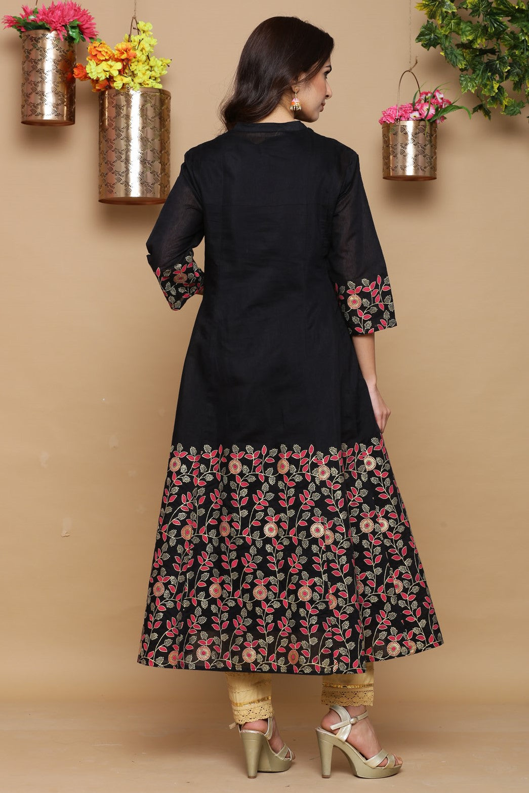 Juniper Women Black Chanderi Silk Printed Anarkali Kurta - Distacart