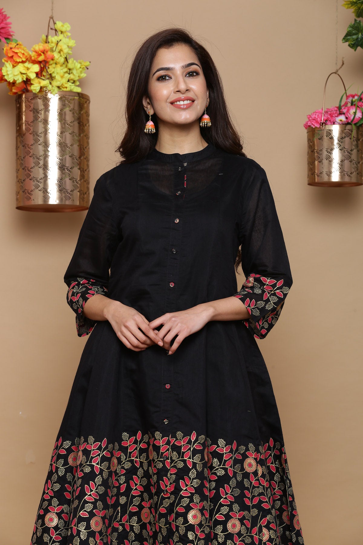 Juniper Women Black Chanderi Silk Printed Anarkali Kurta - Distacart