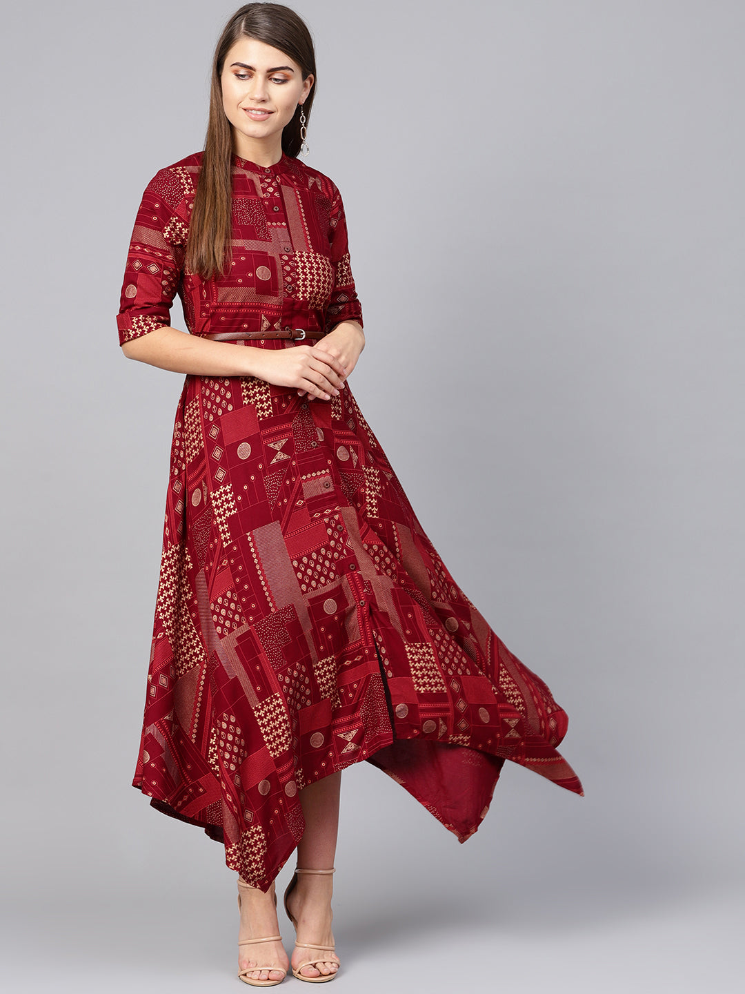 Juniper Womens Maroon Rayon Geometric Foil Printed Handkerchief Dress - Distacart