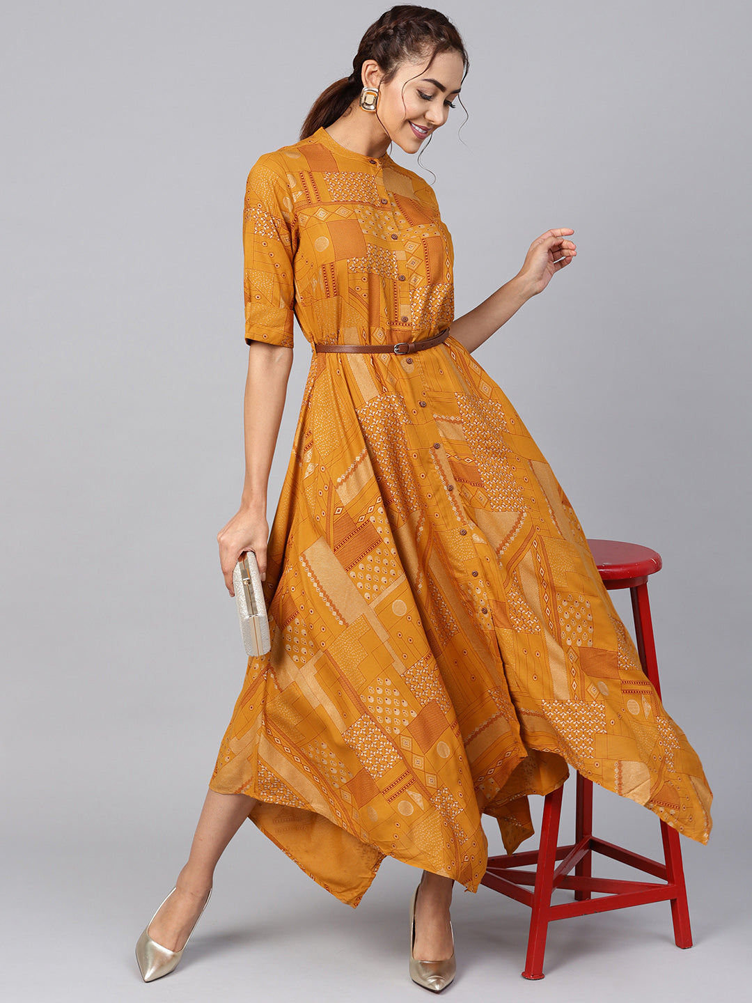 Juniper Womens Mustard Rayon Geometric Foil Printed Handkerchief Dress - Distacart