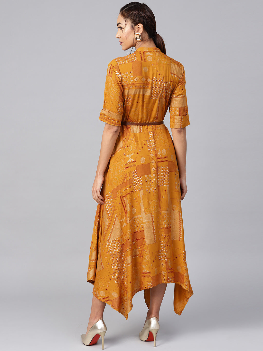 Juniper Womens Mustard Rayon Geometric Foil Printed Handkerchief Dress - Distacart