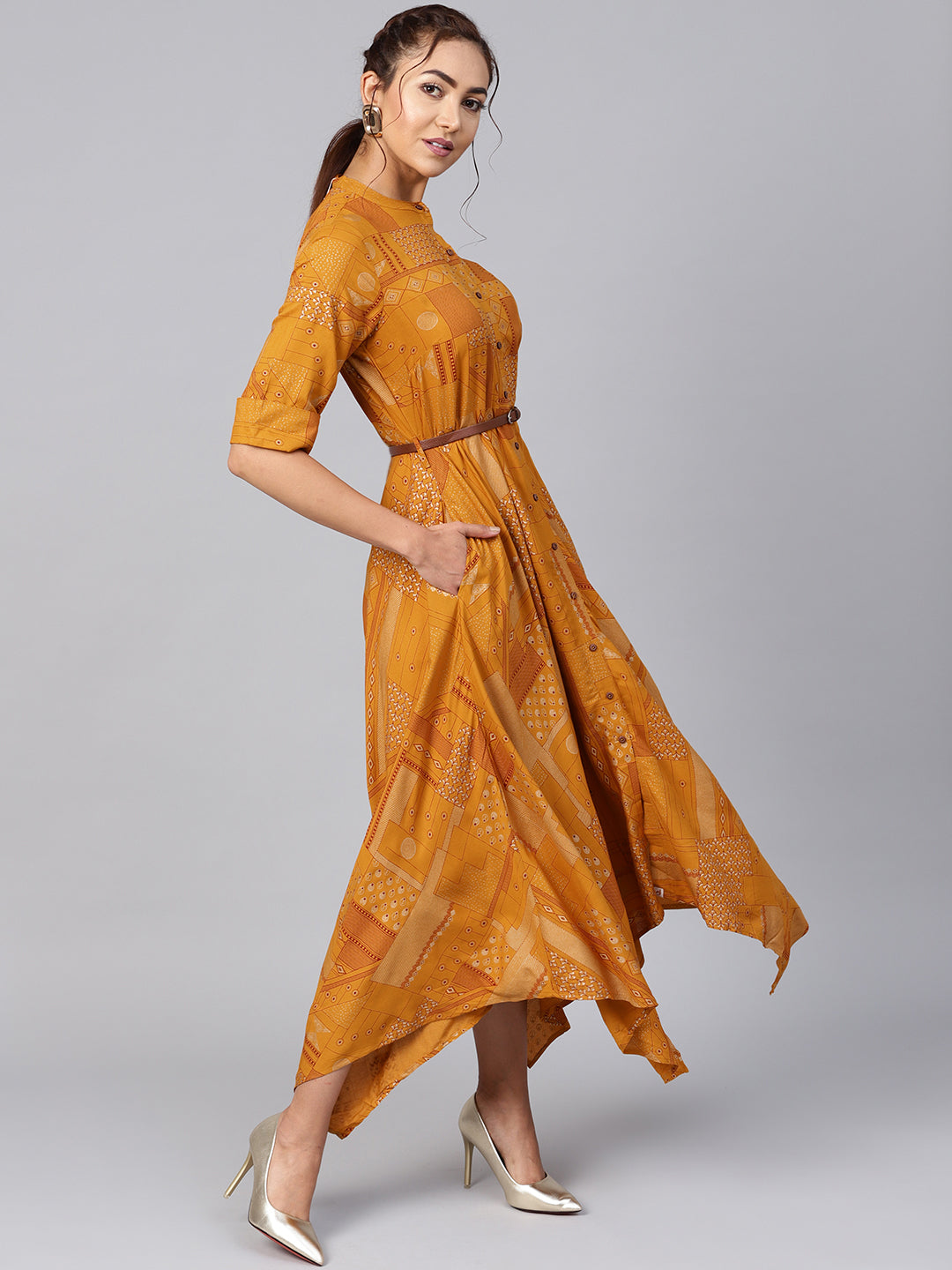 Juniper Womens Mustard Rayon Geometric Foil Printed Handkerchief Dress - Distacart