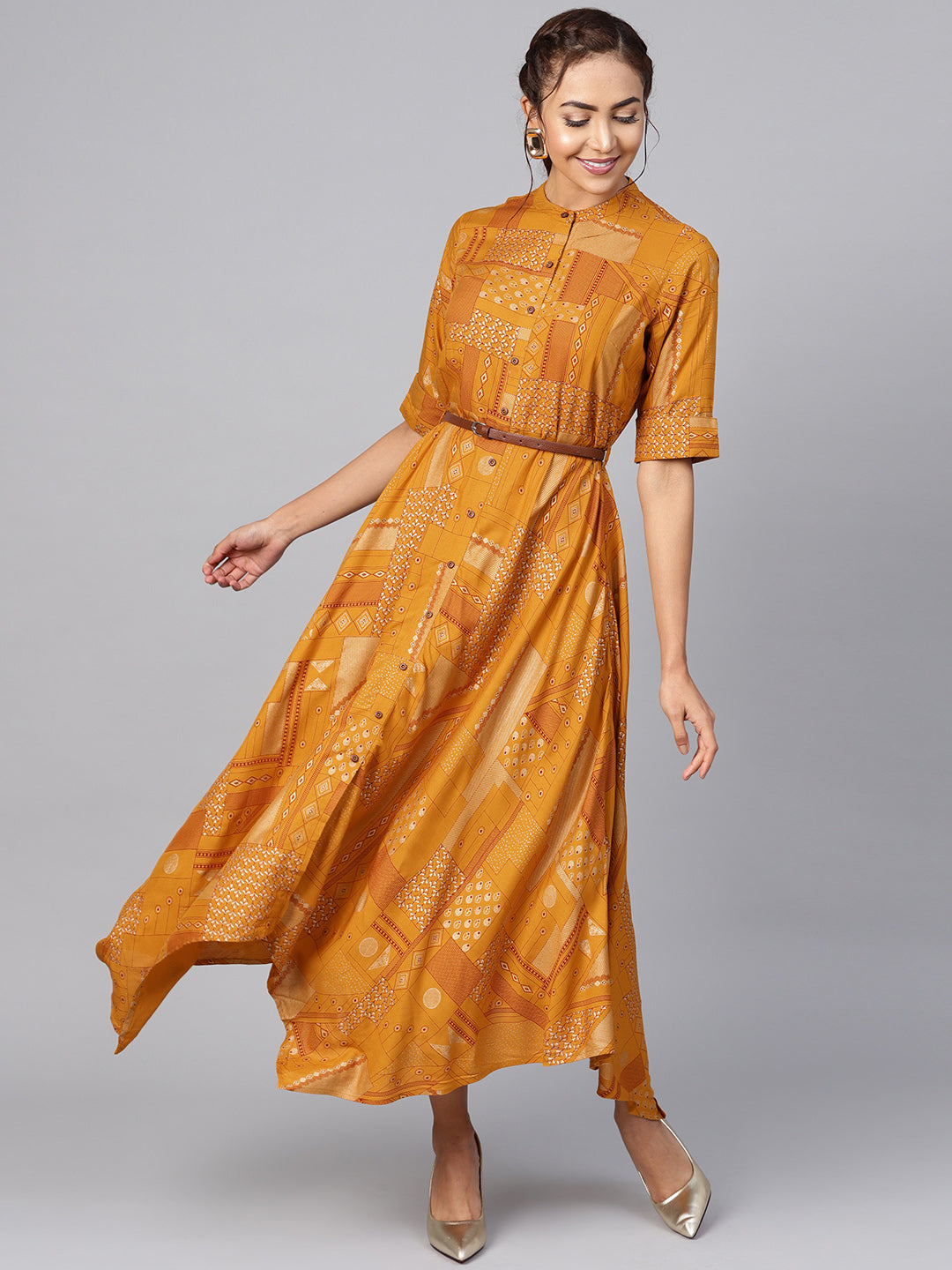 Juniper Womens Mustard Rayon Geometric Foil Printed Handkerchief Dress - Distacart