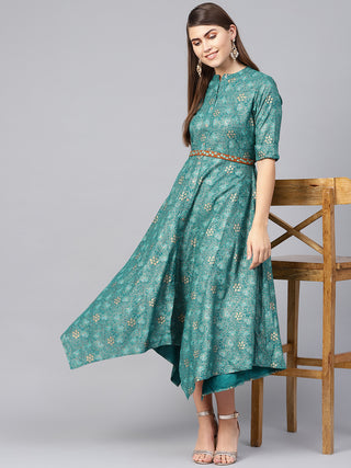 Juniper Women Teal Rayon Printed Asymmetric Dress - Distacart