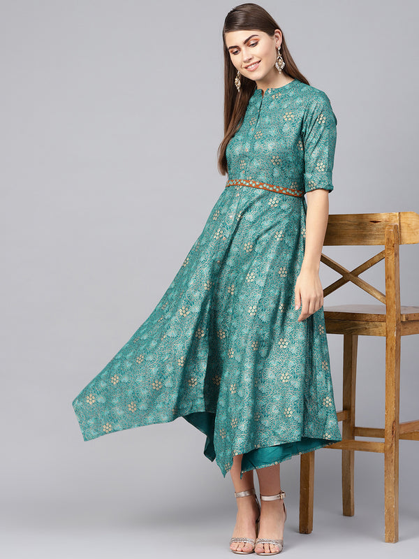 Juniper Women Teal Rayon Printed Asymmetric Dress - Distacart