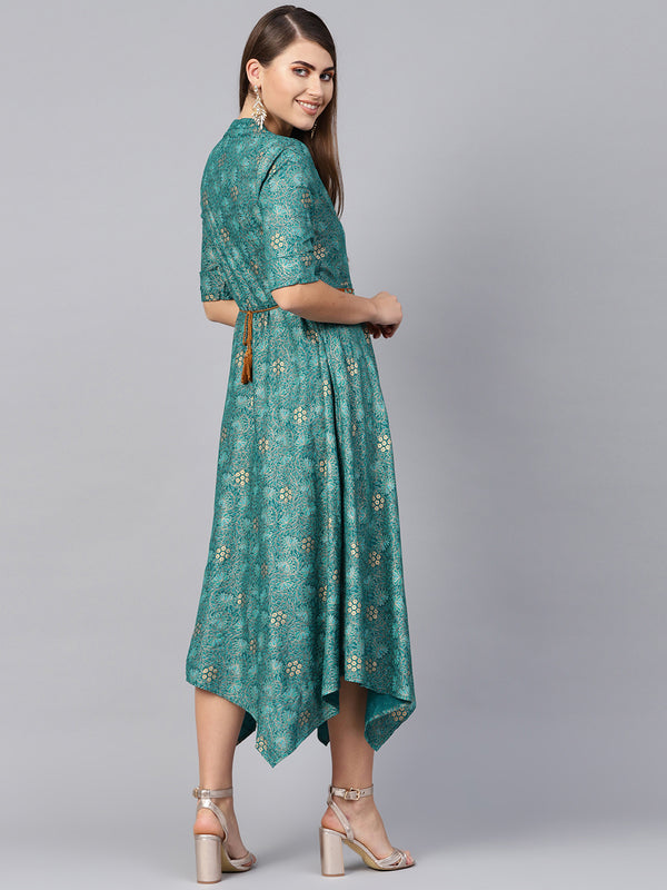 Juniper Women Teal Rayon Printed Asymmetric Dress - Distacart