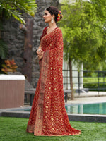 Thumbnail for Mitera Red & Gold-Toned Ethnic Motifs Printed Pure Georgette Saree - Distacart